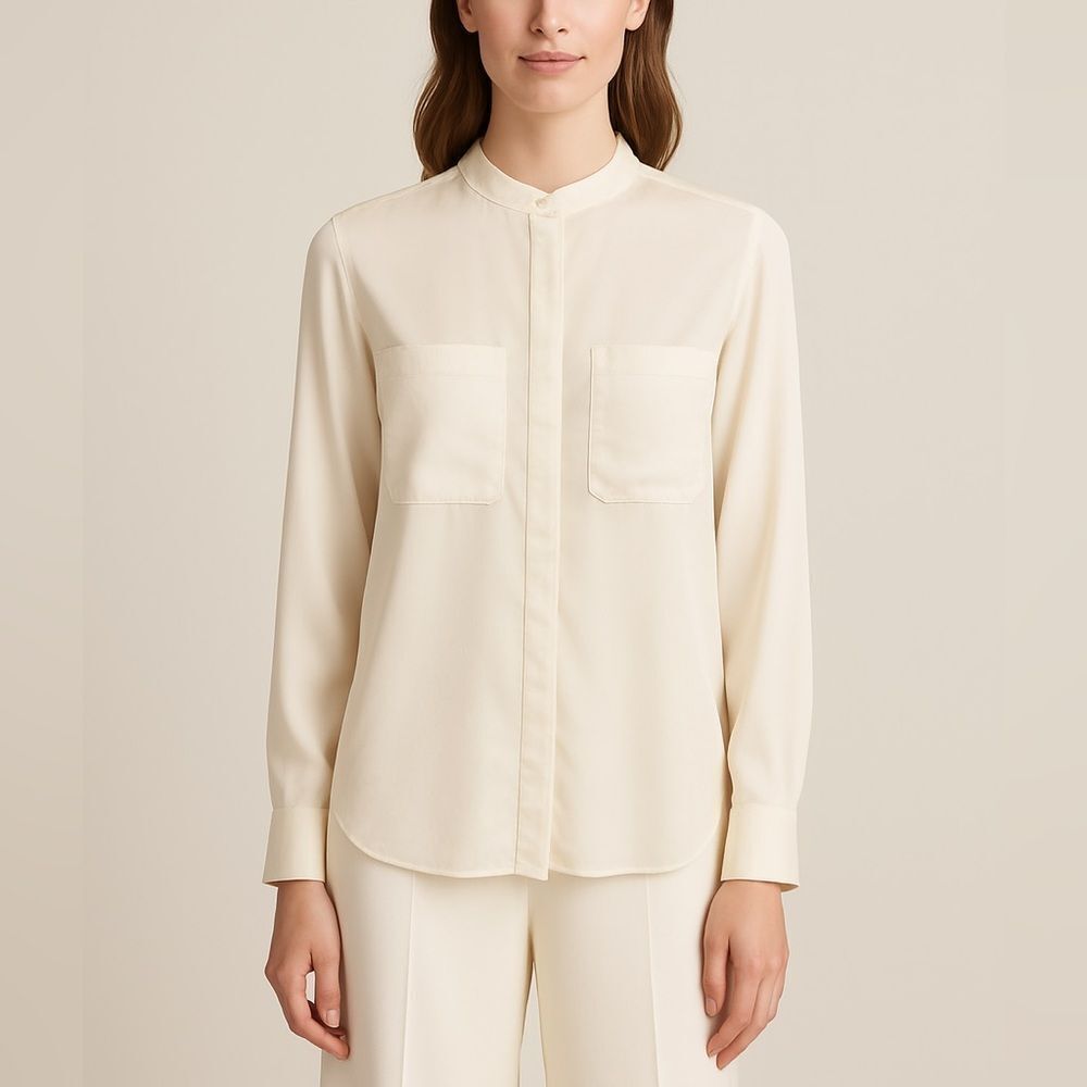 Vince 100% Silk Cream Blouse Size 4 Long Sleeve Hidden Placket Pocket Shirt